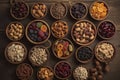 assorted nuts and dried fruit background. organic food in wooden bowls, top view Royalty Free Stock Photo