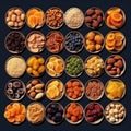 assorted nuts and dried fruit background. organic food in wooden bowls, top view. Royalty Free Stock Photo