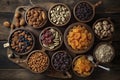 assorted nuts and dried fruit background. organic food in wooden bowls, top view Royalty Free Stock Photo