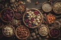 assorted nuts and dried fruit background. organic food in wooden bowls, top view Royalty Free Stock Photo