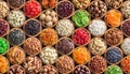 Assorted nuts and dried fruit background. organic food in wooden bowls, top view Royalty Free Stock Photo