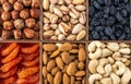 Assorted nuts and dried fruit collection. Assorted nuts almonds, pistachio, cashews, walnut. Organic mixed nuts background. Royalty Free Stock Photo