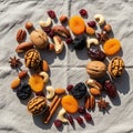 Assorted nuts and dried fruits arranged in a circular pattern on a light gray Royalty Free Stock Photo