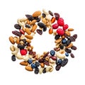 Assorted nuts and dried fruits arranged in a circular pattern on a white background Royalty Free Stock Photo