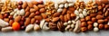 Assorted nuts and dried fruits on a bright white background, viewed from the top Royalty Free Stock Photo