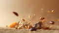 Mixed nuts falling on brown surface Royalty Free Stock Photo