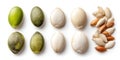 Assorted nuts including almonds, walnuts, and hazelnuts scattered on a clean white background. Royalty Free Stock Photo