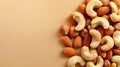 Assorted nuts on light brown backdrop with copious space for effective text placement