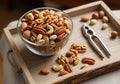 Assorted nuts and nutcracker on wooden tray Royalty Free Stock Photo