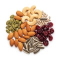 Assorted nuts and seeds arranged in a circular pattern on a white background Royalty Free Stock Photo