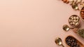 Assorted nuts and seeds arranged on a pastel background with wooden bowls and spoons Generative AI Royalty Free Stock Photo
