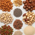 Almonds walnuts pecans macadamias brazil nuts cashews peanuts Royalty Free Stock Photo