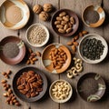 Assorted nuts and seeds are displayed in rustic ceramic bowls on a Royalty Free Stock Photo