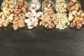 assorted nuts, seeds and nuts in glass jars on a counter Royalty Free Stock Photo