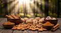 Assorted Nuts, Spices, and Cinnamon Sticks Displayed on Rustic Wooden Table in a Natural Light Setti Royalty Free Stock Photo