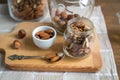 Assorted nuts: walnuts, almonds, hazelnuts and honey