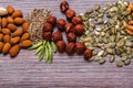Assorted nuts on wooden surface. Top view with copy space Royalty Free Stock Photo