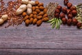 Assorted nuts on wooden surface. Top view with copy space Royalty Free Stock Photo