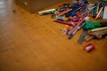 Assorted objects on old wooden table