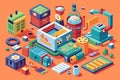 Assorted objects spread out on a tabletop in an organized manner, Upcycle Customizable Isometric Illustration