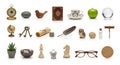 Assorted objects on a white background include a compass, stone, wooden bird, ornate book, teacup Royalty Free Stock Photo