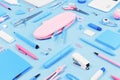 Assorted office and school pink white and blue stationery