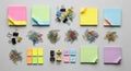 Assorted office supplies systematically arranged on a light gray surface. Items Royalty Free Stock Photo