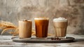Assorted organic coffee drinks on a rustic wooden background Royalty Free Stock Photo