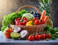 Assorted organic vegetables and fruits in wicker baske