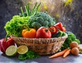 Assorted organic vegetables and fruits in wicker baske