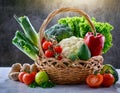 Assorted organic vegetables and fruits in wicker baske