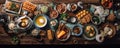 Assorted oriental traditional food. top view. panorama photo