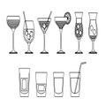 Assorted outline drawings of various cocktail and drinking glasses including martini and shot styles Royalty Free Stock Photo