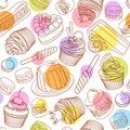 Assorted outlined colorful desserts. Seamless vector pattern with polka dots.