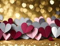 Assorted paper hearts on gold bokeh background