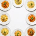 Different types of pasta on white background. Top view. Flat lay Royalty Free Stock Photo