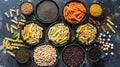 Assorted pasta and legumes in bowls on dark background