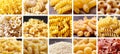 Assorted pasta products arranged in collage with white vertical lines bright and well lit