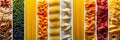 Assorted pasta products collage with divided segments and bright white light illumination