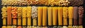 Assorted pasta products collage with elegant white dividers on a bright and luminous background Royalty Free Stock Photo