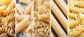 Assorted pasta products collage with white vertical dividers on bright white background