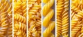 Assorted pasta products in collage with white vertical lines brightly lit white background Royalty Free Stock Photo