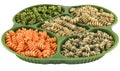 Assorted pasta types displayed on a divided platter Royalty Free Stock Photo