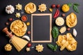 Assorted Pasta Varieties on White Chalkboard. Ideal for Posters, Menus, Cafes, and Restaurants. Studio Shoot. Copy Space, Top View