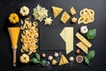 Assorted Pasta Varieties on White Chalkboard. Ideal for Posters, Menus, Cafes, and Restaurants. Studio Shoot. Copy Space, Top View