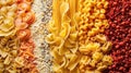Assorted pasta variety arranged in colorful pattern Royalty Free Stock Photo