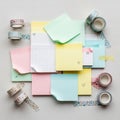 Assorted pastel colored sticky notes are arranged on a light gray surface Royalty Free Stock Photo