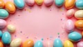 Assorted pastel easter eggs arranged on pink background. Confetti scattered around these colorful oval objects. Spring holiday Royalty Free Stock Photo