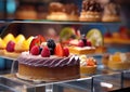 Assorted pastries,cakes,desserts in candy shop showcase.Macro.AI generative