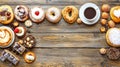 Assorted pastries and coffee on wood Royalty Free Stock Photo